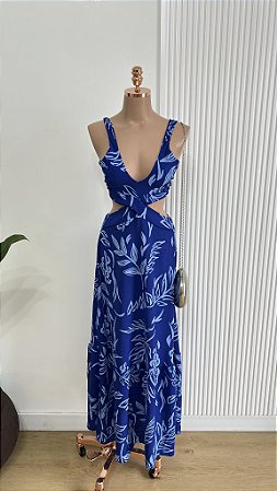 Vestido Longo Estampado Azul com Recortes