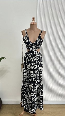 Vestido Longo Estampado Preto e Branco com Recortes