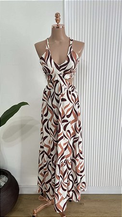 Vestido Longo Estampado Marrom Com Recorte