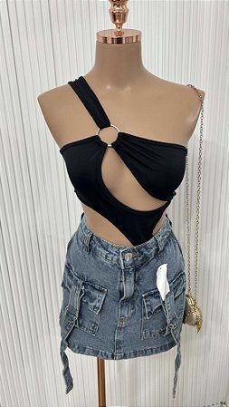 Body Preto Assimétrico com Argola