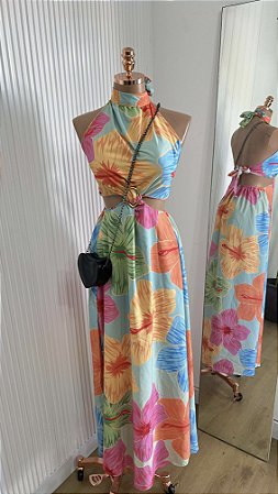 Vestido Longo Estampado com Recortes