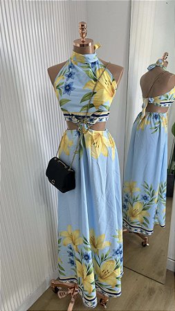 Vestido Longo Estampado com Gola Halter