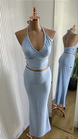 Conjunto Top Halter e Saia Longa Azul