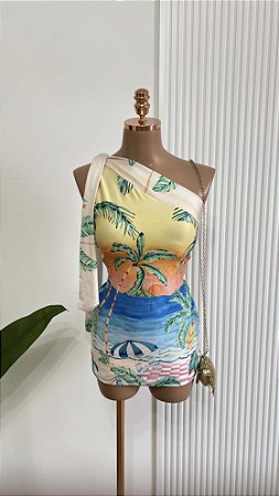 Vestido Ombro Único Colorido Estampa Tropical