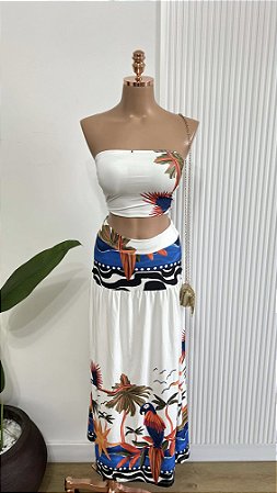 Conjunto Cropped Faixa e Saia Longa Branco Estampado