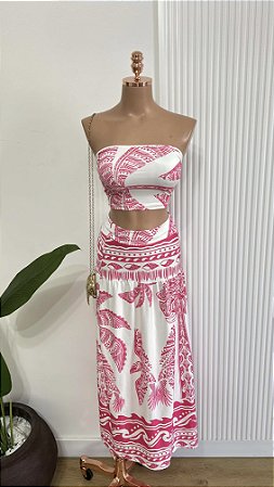 Conjunto Cropped Faixa e Saia Longa Rosa e Branco Estampado