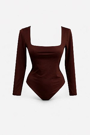 Body Marrom Manga Longa Decote Reto