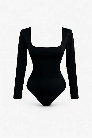 Body Preto Manga Longa Decote Reto