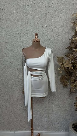 Vestido Curto Branco Um Ombro com Amarração