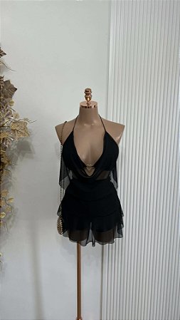 Conjunto Curto Preto Tule Decote Profundo com Detalhe Coração