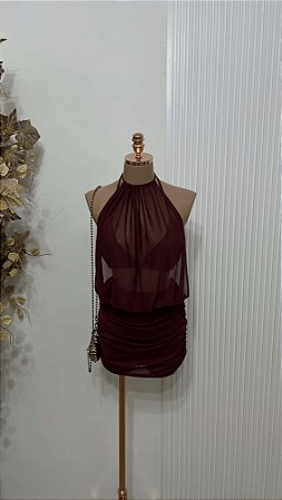 vestido Curto Vinho Tule Gola Alta Drapeado