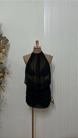 vestido Curto Preto Tule Gola Alta Drapeado