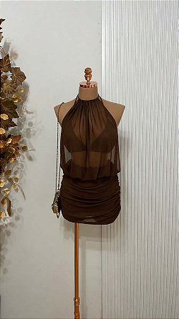 vestido Curto Marrom Tule Gola Alta Drapeado