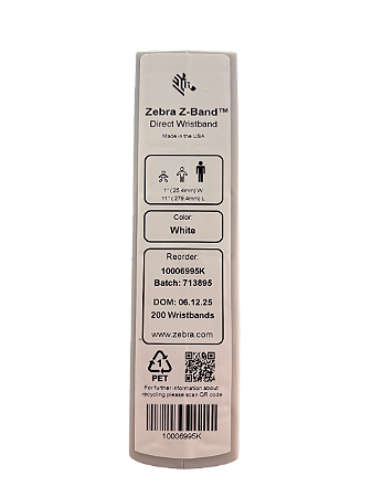 Cartucho De Pulseira Adulto Branca C/ 200 Pulseiras P/ Zebra Zd510