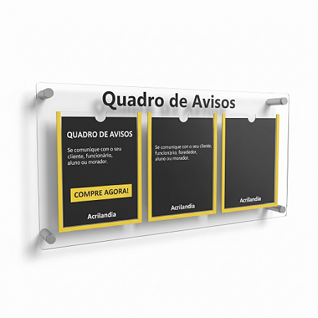 Quadro de Aviso Em Acrílico 3 folhas Vertical A4