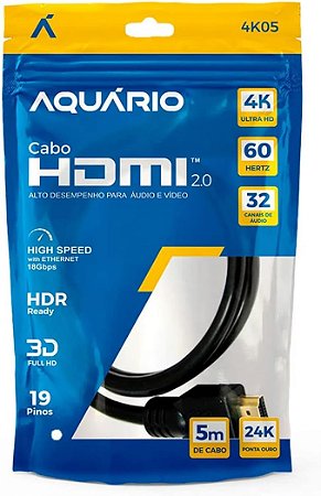 Cabo HDMI Aquário 2.0 4K de 5M