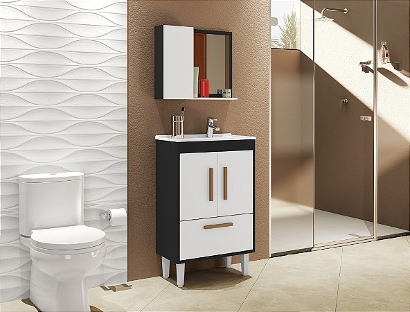 Gabinete para Banheiro Toronto Preto Fosco/Branco Kit completo C/ Armário,  Pia e Espelheira - Moveis Lavenzo