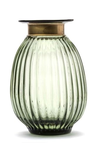 Vaso em Vidro Transparente Verde c/ Metal Dourado 30cm BTC