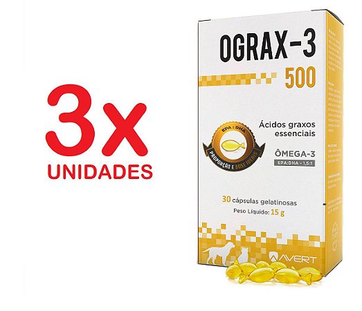 Ograx 500mg Omega-3 Avert 30 Capsulas Cães E Gatos Kit Com 3 Unidades