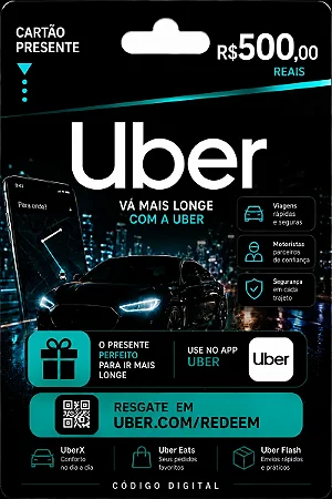 Gift Card Uber R$ 500,00 - Cartão Presente Digital