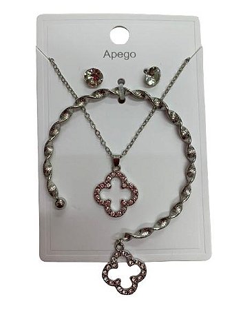 Kit Colar, Brinco e Bracelete Trevo Prata