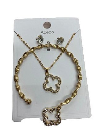 Kit Colar, Brinco e Bracelete Trevo Dourado