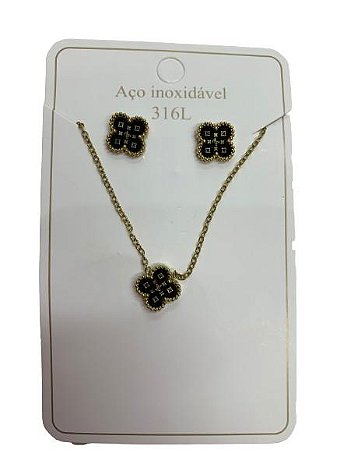Colar + Brinco Trevo LV Preto c/Dourado - AÇO INOXIDÁVEL