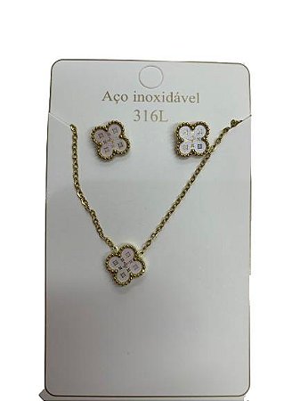 Colar + Brinco Trevo LV Branco c/Dourado - AÇO INOXIDÁVEL