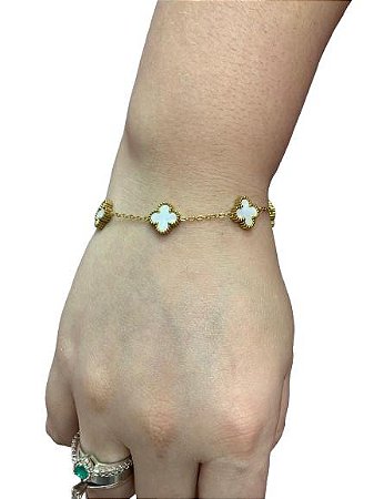 Pulseira Trevo Branca Dourada - Aço Inoxidável
