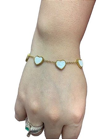 Pulseira Coração Branca Dourada - Aço Inoxidável
