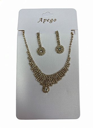 Colar + Brinco Dourado Cravejado N235 - NÃO HÁ TROCA