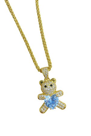Colar Urso Coração Azul BB Cravejado - NÃO HÁ TROCA