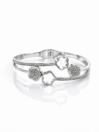 Bracelete Floral Prata com Strass em Aço Inoxidável N03 - NÃO HÁ TROCA