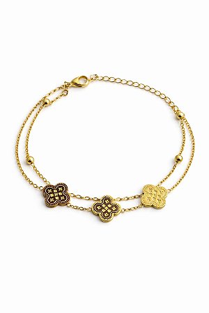 Pulseira Dourada Dupla Com Pingente de Trevo em Aço Inoxidável - NÃO HÁ TROCA