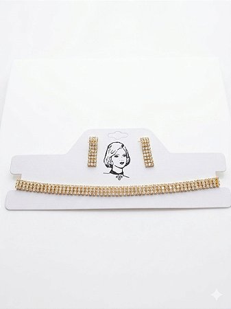 Conjunto Colar e Brinco Riviera Dourado com Strass - NÃO HÁ TROCA
