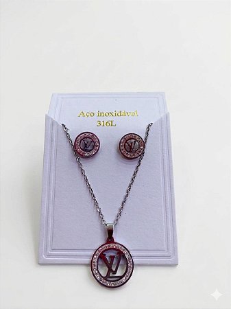 Conjunto Colar e Brinco LV Prata em Aço Inoxidável N30 - NÃO HÁ TROCA