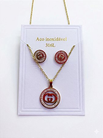 Conjunto Colar e Brinco Medalha Dourada com Strass em Aço Inoxidável N32 - NÃO HÁ TROCA