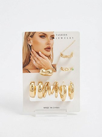 Kit 3 Pares De Brincos Dourado + 2 Anéis + Colar N511 - NÃO HÁ TROCA