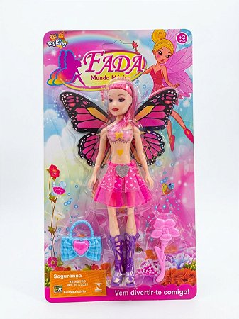 Boneca Fada Mundo Mágico com Asas e Acessórios - Rosa