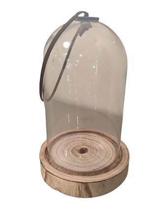 Redoma de vidro com alça de couro e base de madeira