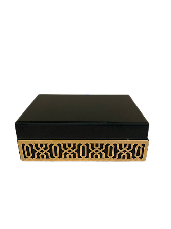 CAIXA DE MADEIRA E VIDRO AZUL MARINHO COM DETALHES  DOURADO P