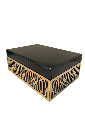 CAIXA DE MADEIRA E VIDRO AZUL MARINHO COM DETALHES  DOURADO M