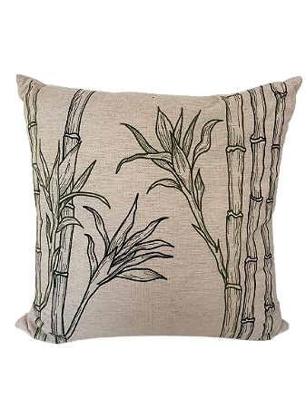 ALMOFADA LINHO CRU 52X52 VERDE C/ BORDADO FINO BAMBU