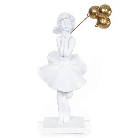 ESCULTURA DECORATIVA MENINA COM BALÕES DOURADOS EM RESINA