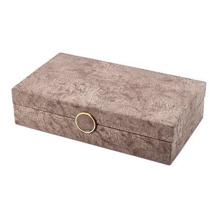 CAIXA DECORATIVA DE MADEIRA E METAL COM TECIDO MARROM