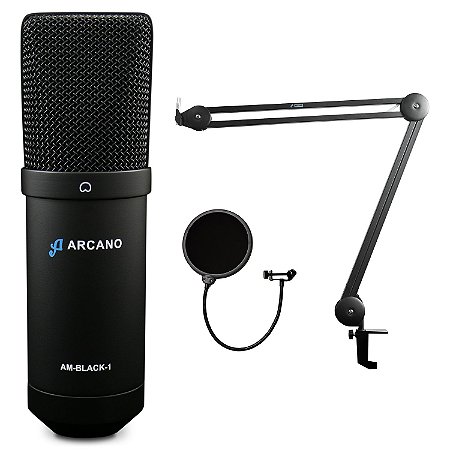 Microfone USB Arcano AM-BLACK-1 + Pop filter AM-POP + Pedestal articulado IRON ARM-1