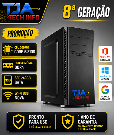Computador Intel Core i3 8ª Geração 8GB DDR4 SSD 240GB Wi-Fi Windows 10 Pro