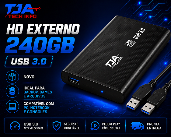 HD Externo 240GB USB 3.0 | Novo | Ideal para Backup, Games e Arquivos