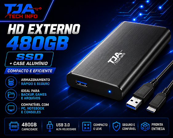 HD Externo 480GB SSD + Case Alumínio | Compacto e Eficiente