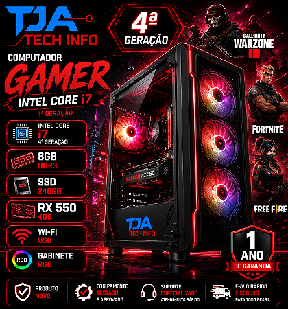 Computador Gamer Intel Core i7 4ª Geração 8GB DDR3 SSD 240GB RX 550 4GB Wi-Fi Gabinete RGB